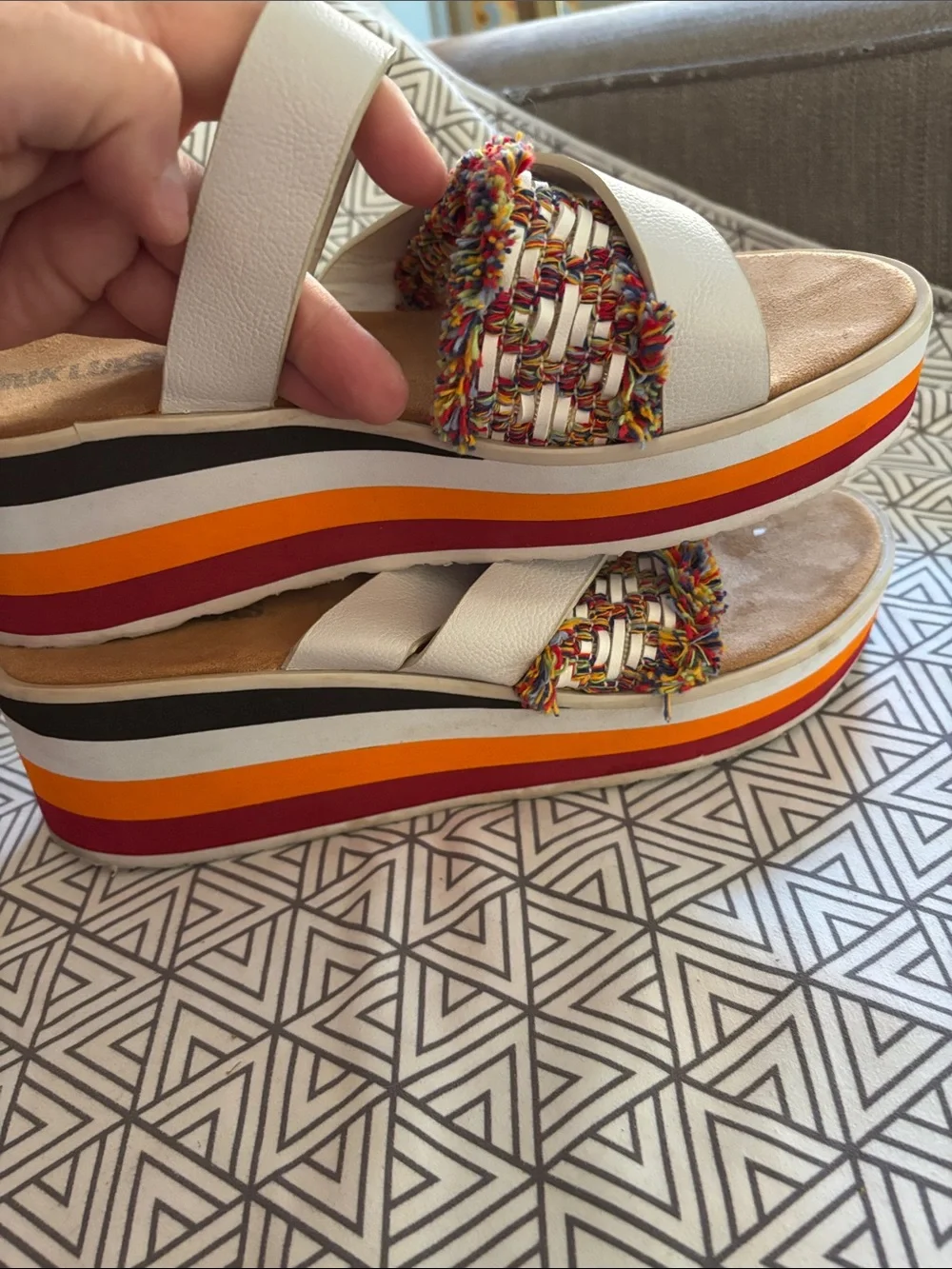 Muk Luks White Platform Slide Sandals with colorful Trim